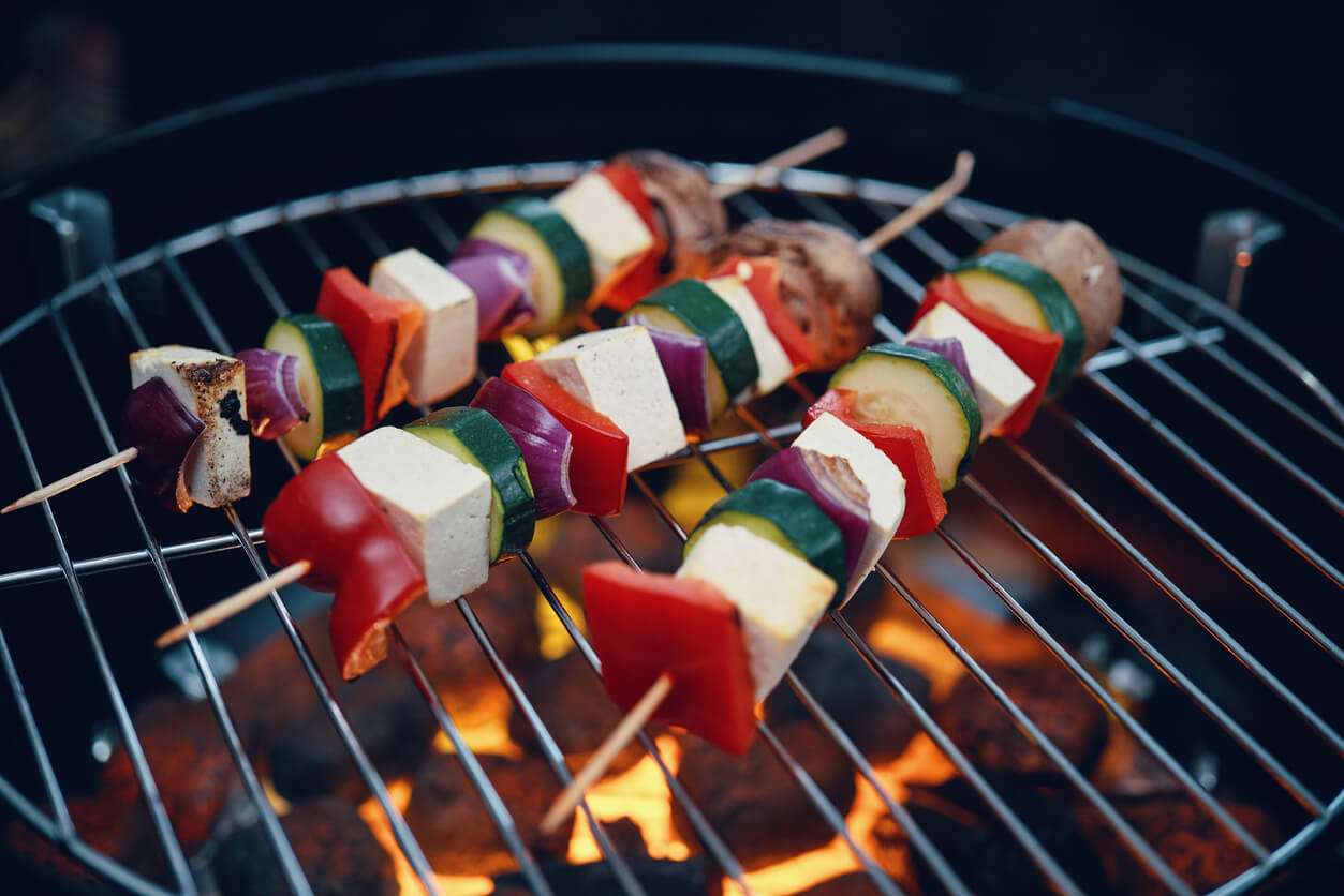 roasting vegan skewers with tofu bell pepper zucchini and onions