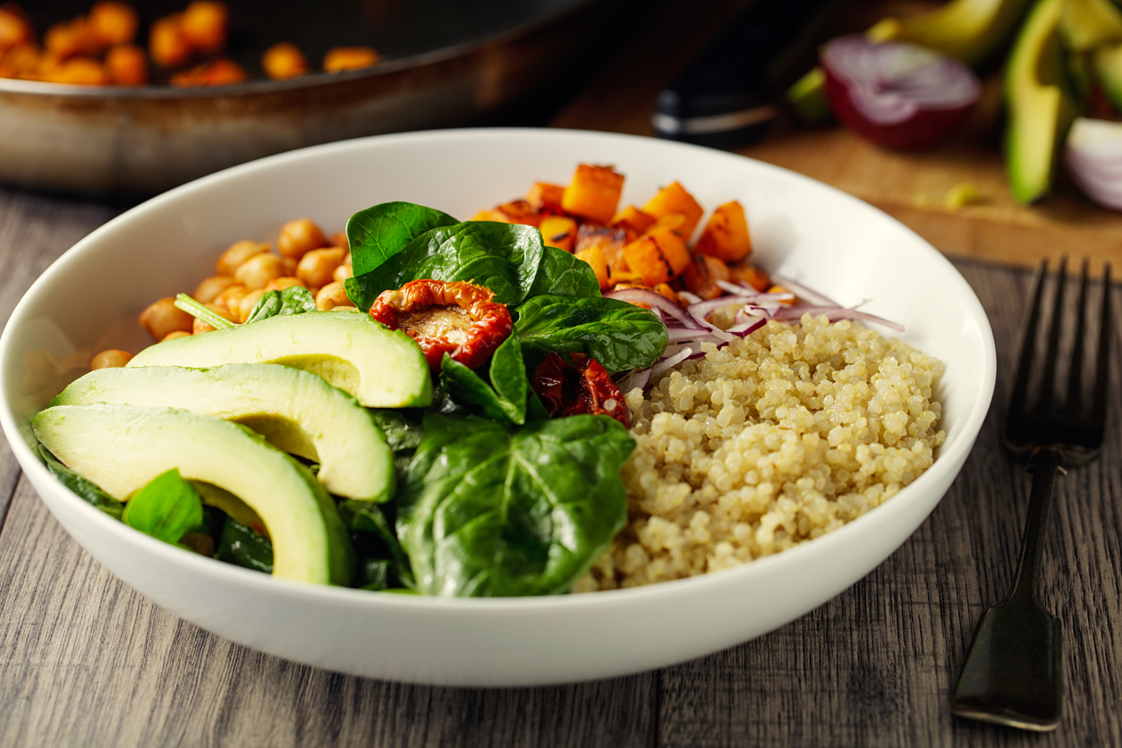 Home made freshness roasted butternut squash,spicy chickpea and avocado,spinach and sun dried tomatoes and quinoa salad bowl.